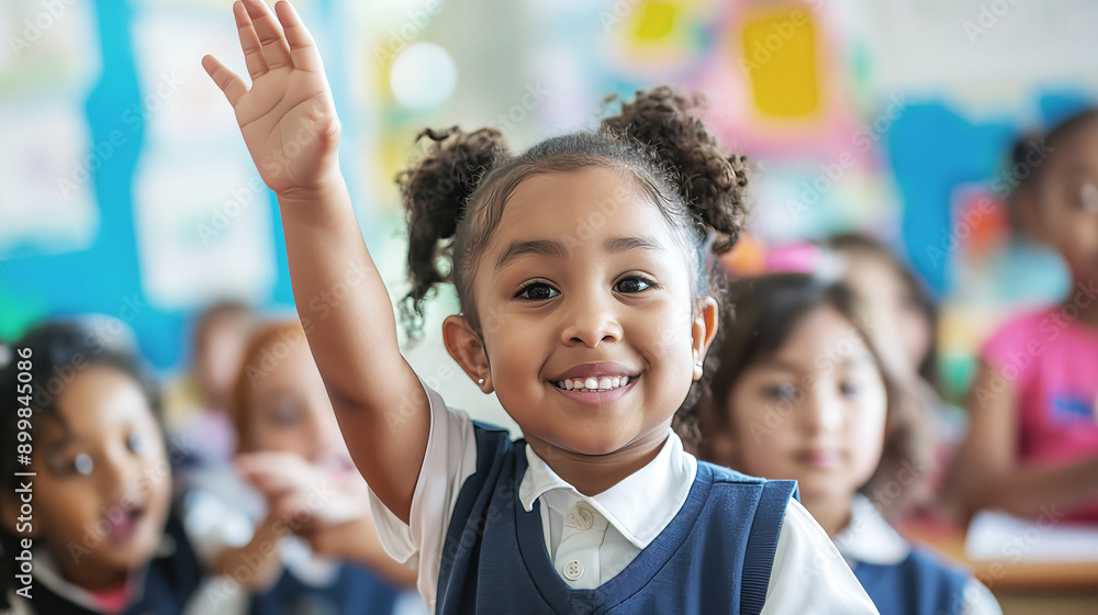 Smiling schoolgirl in uniform raises hand in diverse classroom, education, learning, knowledge concept Smiling schoolgirl in uniform raises hand in diverse classroom, education, learning, knowledge concept