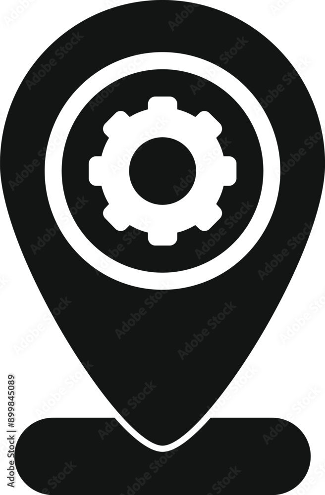 Black location pin icon is showing gear wheel symbol for a service point Black location pin icon is showing gear wheel symbol for a service point