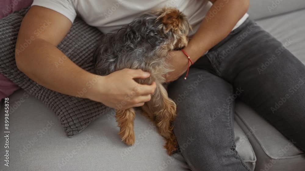 A young asian man petting his small dog in a cozy living room, sitting on a comfortable sofa with a gray cushion.