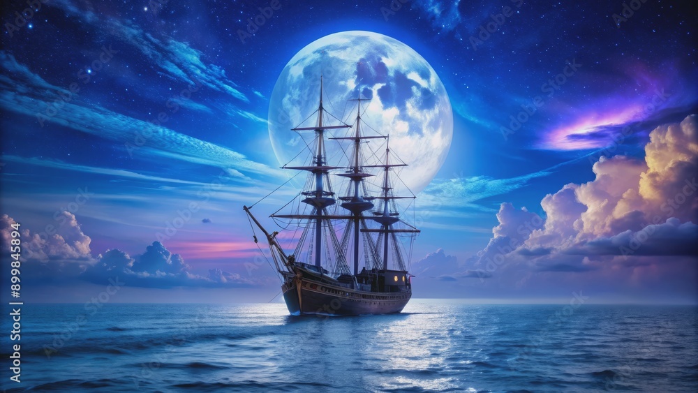 Sailing Beneath a Giant Moon, Digital Art, Ship on Sea, Night Sky, Moonlit Sea, Night Sky, Ocean Sailing Beneath a Giant Moon, Digital Art, Ship on Sea, Night Sky, Moonlit Sea, Night Sky, Ocean