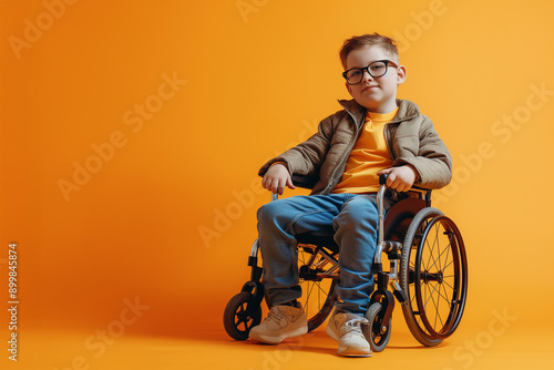 Boy in wheelchair against bright orange background, confidently smiling and expressing self-assurance and positivity, copy space