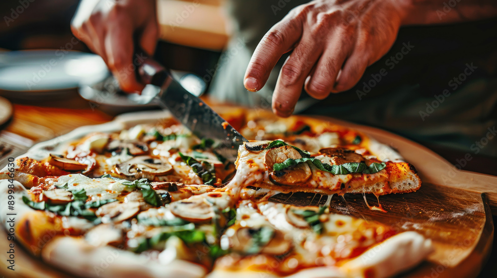Anonymous person slicing pizza on a plate with a knife, wooden table setting, leisure time in a cozy restaurant. Anonymous person slicing pizza on a plate with a knife, wooden table setting, leisure time in a cozy restaurant.