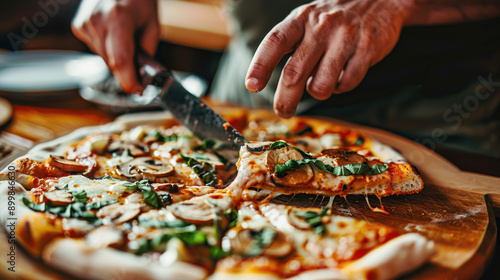 Anonymous person slicing pizza on a plate with a knife, wooden table setting, leisure time in a cozy restaurant.