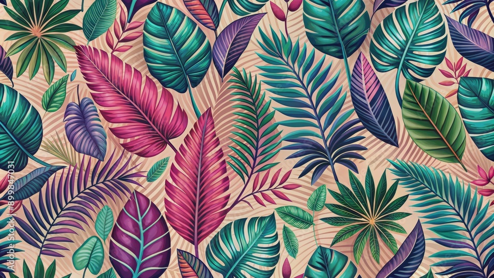 Naklejka premium Tropical Leaf Pattern, Digital Illustration, Green and Purple Leaves, Jungle Aesthetic, tropical, botanical, pattern
