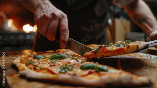 Anonymous person slicing pizza on a plate with a knife, wooden table setting, leisure time in a cozy restaurant.