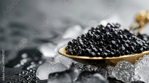 Black caviar in a golden spoon, placed on ice, showcasing high-quality sturgeon caviar, luxury delicacy over a gray background.