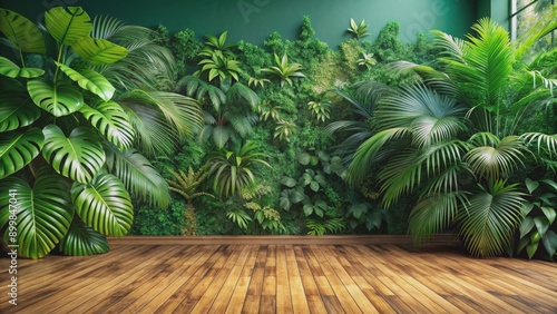 Tropical Green Wall with Wooden Floor, Jungle, Nature, Greenery, Interior Design © Stock Spectrum