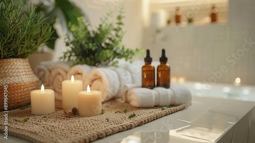 A relaxing spa setting with candles, towels, and essential oils. Perfect for a wellness or beauty concept.