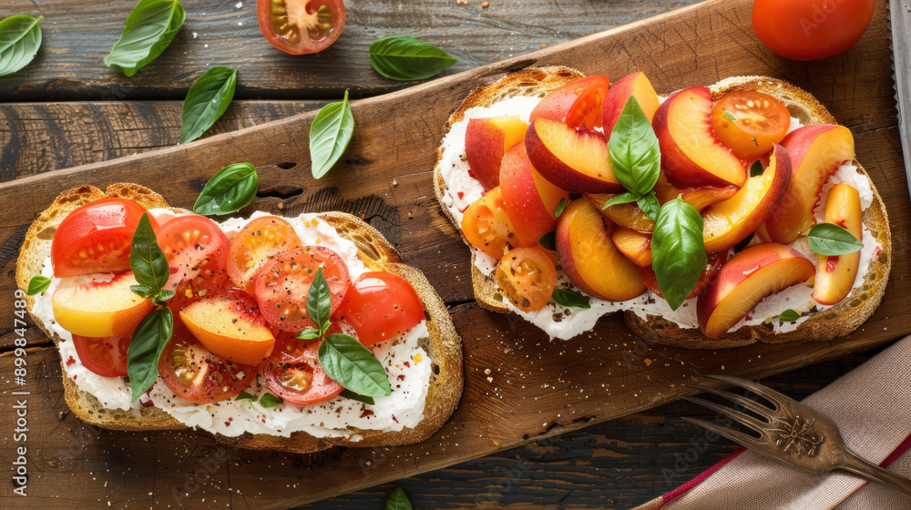 Delicious gourmet sandwiches: toast and bruschetta with cream cheese, peaches, tomatoes, and fresh basil on a wooden board, top view, vertical. Delicious gourmet sandwiches: toast and bruschetta with cream cheese, peaches, tomatoes, and fresh basil on a wooden board, top view, vertical.