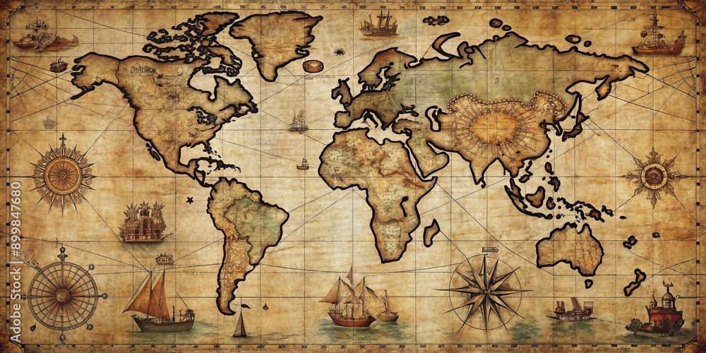 Fototapeta premium Vintage World Map with Ships, Compass Rose, and Old Paper Texture, world map, old paper, compass, ships