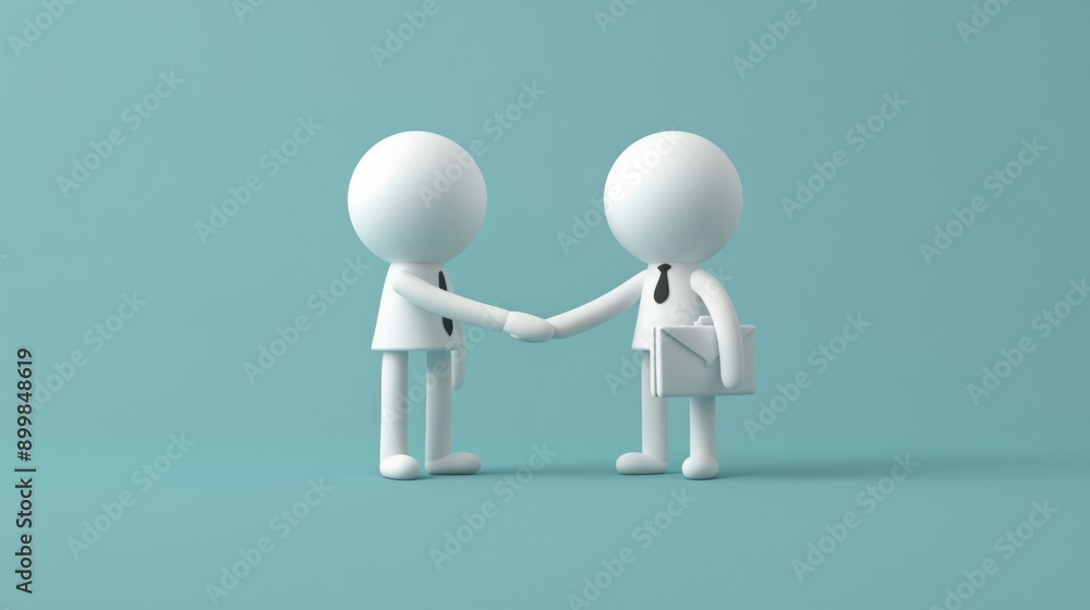 Two 3D business figures are shaking hands, representing partnership, agreement, and teamwork in a professional environment Two 3D business figures are shaking hands, representing partnership, agreement, and teamwork in a professional environment