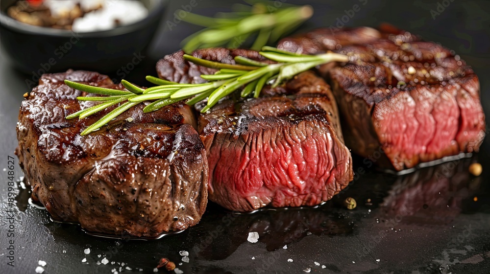 Juicy slices of beef Ribeye steak on a wooden board with herbs and spices. Illustration for banner, poster, cover, brochure, advertising, marketing or presentation. Juicy slices of beef Ribeye steak on a wooden board with herbs and spices. Illustration for banner, poster, cover, brochure, advertising, marketing or presentation.