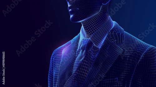 Businessman in a suit. Abstract polygonal wireframe closeup. Man in an expansive classic luxury suit on navy blue background.