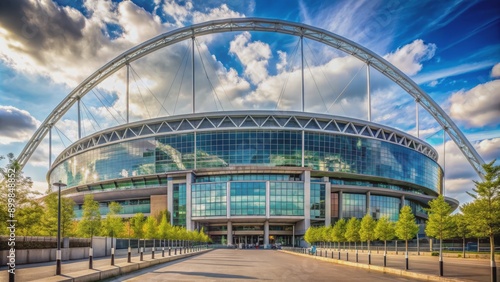 Wide-Angle Perspective of a Modern Stadium with an Arch, Composed with a Blue Sky, Clouds, and a Row of Trees in the Foreground, stadium, architecture, sports