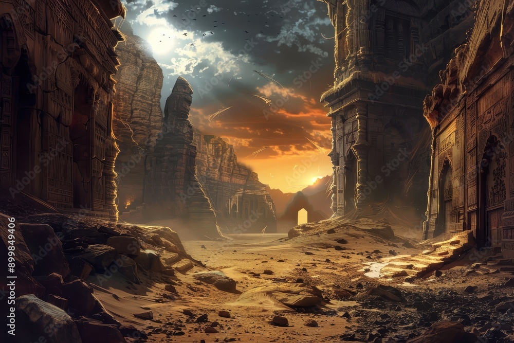 Ancient Egyptian ruins stand tall in the middle of a vast desert ...