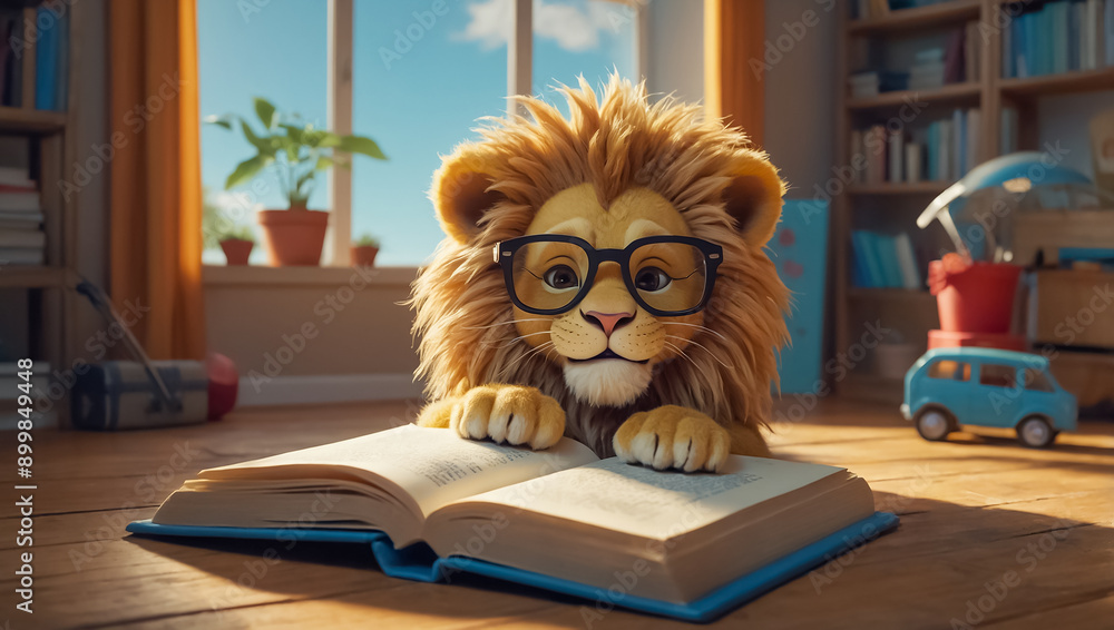 Cute lion reading a book at home learning comfort Cute lion reading a book at home learning comfort