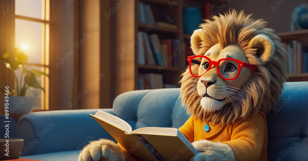 Cute lion reading a book at home learning Cute lion reading a book at home learning
