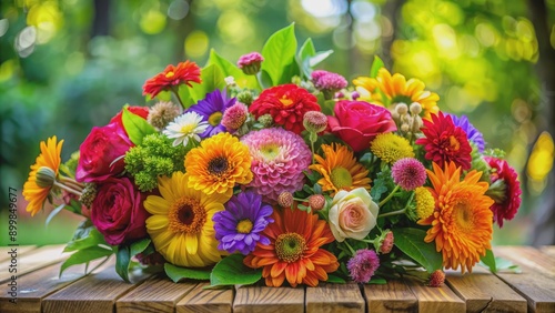 Wallpaper Mural A Colorful Bouquet of Flowers on a Wooden Table, Close Up, Green Bokeh Background, Rose, Daisy, Sunflower, Flower Arrangement Torontodigital.ca