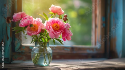 Wallpaper Mural Pink tree peonies in a glass vase with rural background Torontodigital.ca