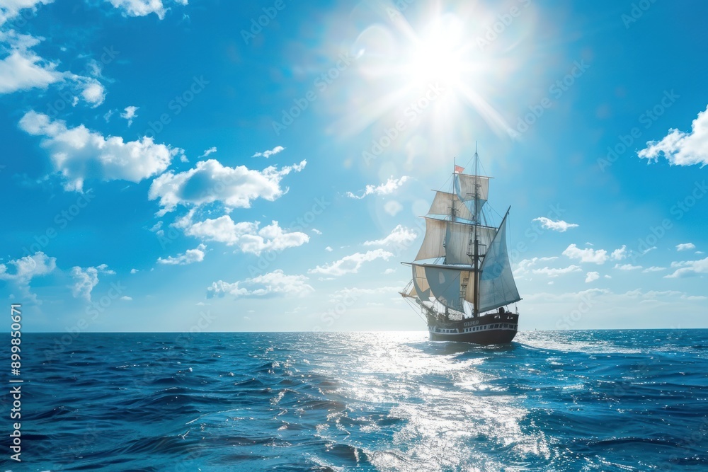 Fototapeta premium old ship or caravel sailing blue sunny day