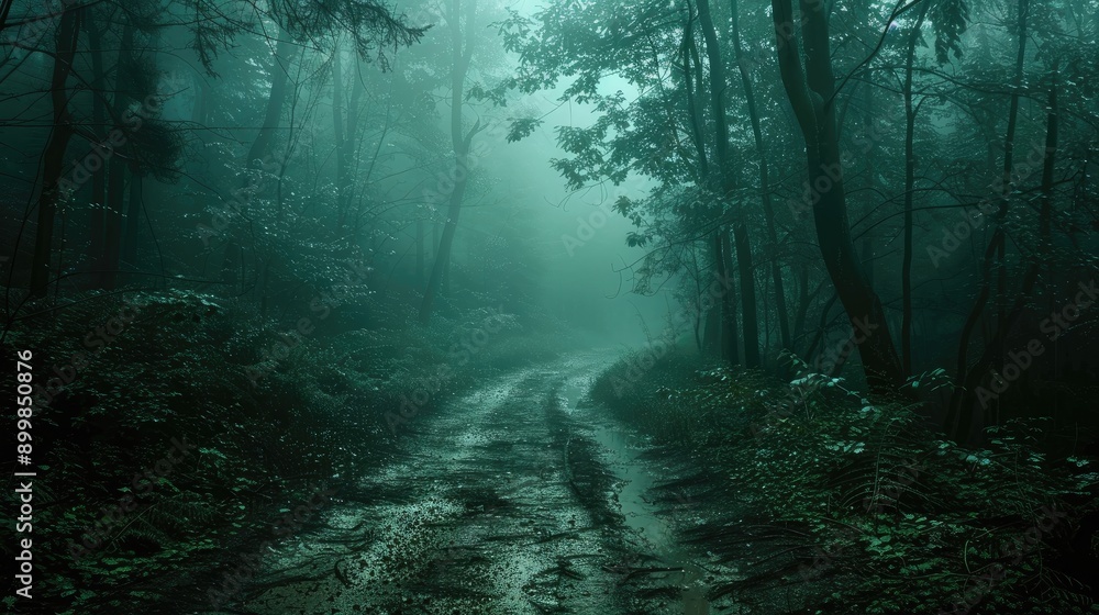 Obraz premium dark green fantasy forest path. muddy path. foggy morning dew AI generated
