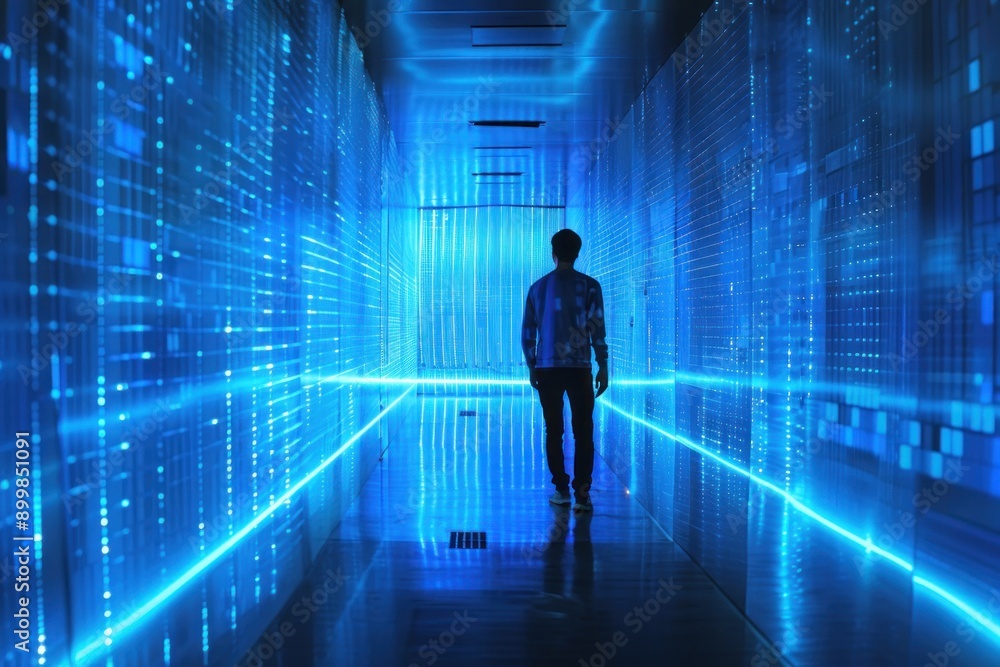 Person standing in a data center, illuminated by blue lights, technology and futuristic innovation Person standing in a data center, illuminated by blue lights, technology and futuristic innovation