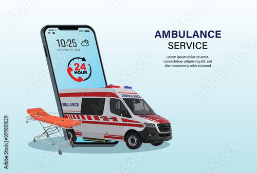 Ambulance emergency service online on mobile application with ambulance car and stretcher. On call 24 Hr. Healthcare and medical. Digital health concept. 3D vector illustration
