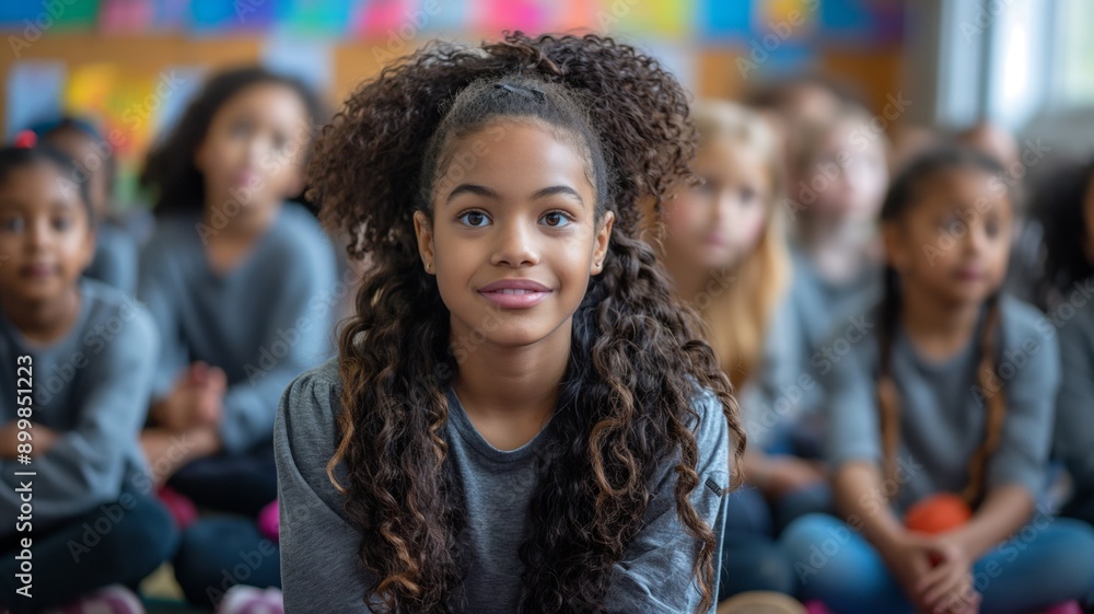 A young girl with curly hair smiles in a classroom full of children. A young girl with curly hair smiles in a classroom full of children.