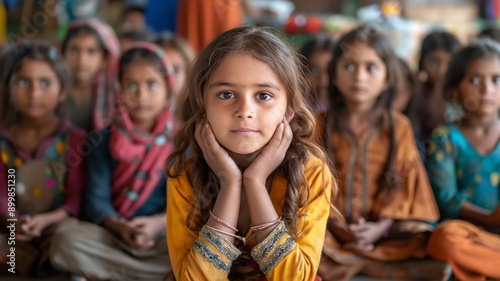 A young girl sits front and center in a classroom setting, surrounded by other children.