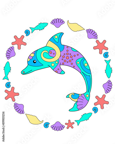 Bright multi-colored dolphin in a frame of shells - vector full-color picture for printing. Dolphin marine mammal animal