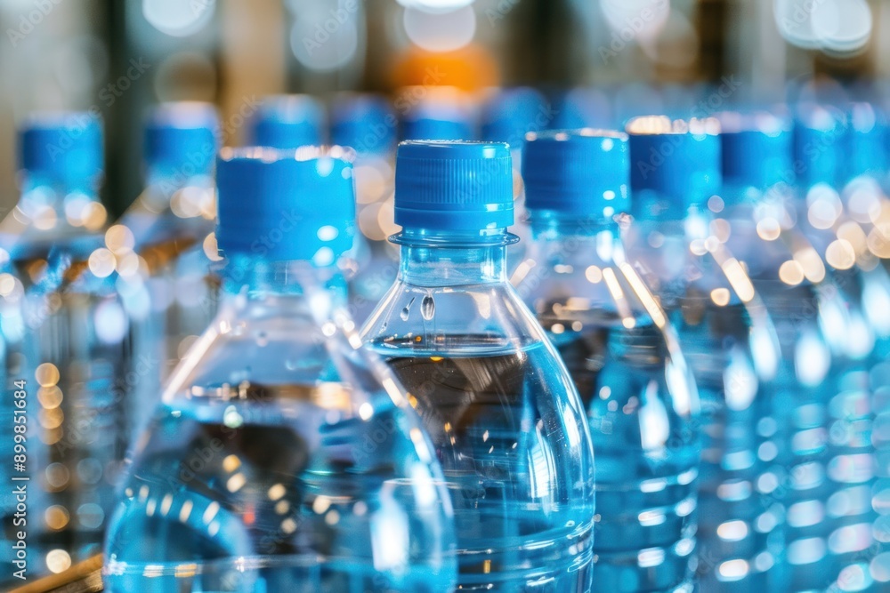 plastic bottles in row in a bottling machine plastic bottles in row in a bottling machine
