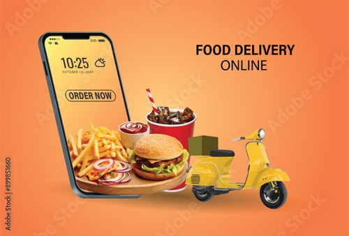 hamburgers, french fries, soft drink cans, hot dogs, next to the smartphone, and There's a motorcycle going forward for delivery and shopping online