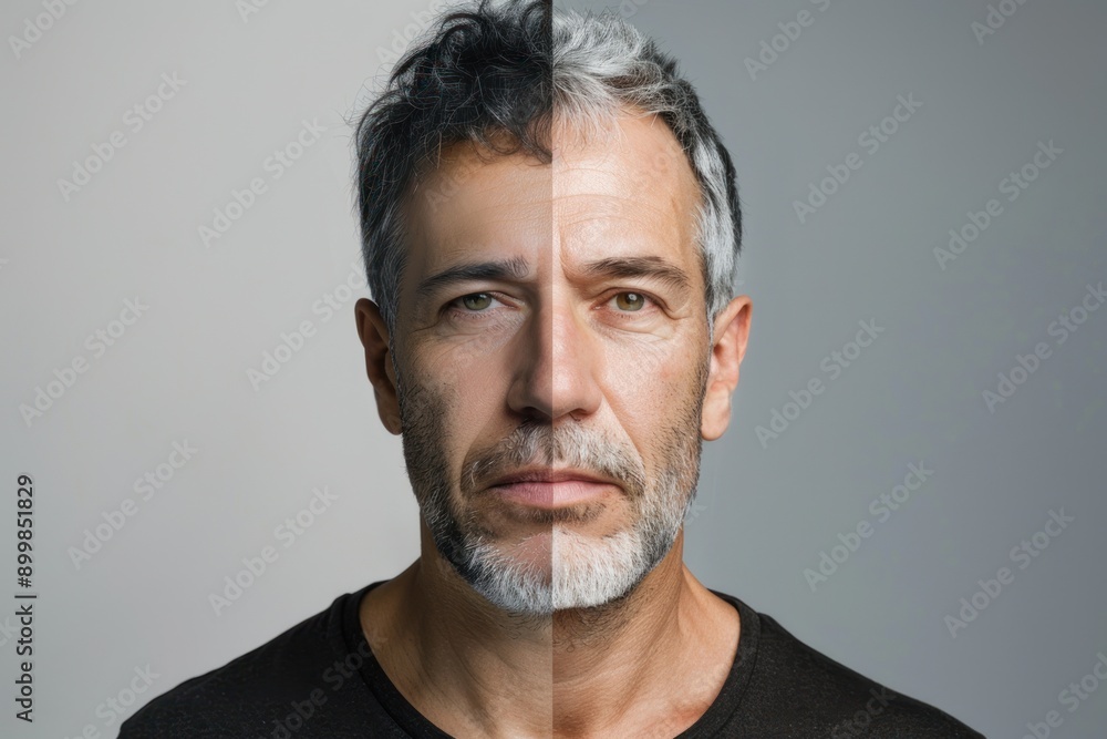 Obraz premium Portrait of a man Showing the Aging Process, with One Side Youthful and the Other Side Aged