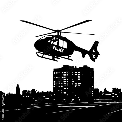 A police helicopter lands on the roof of a high-rise building. Vector silhouette monochrome illustration in flat art style