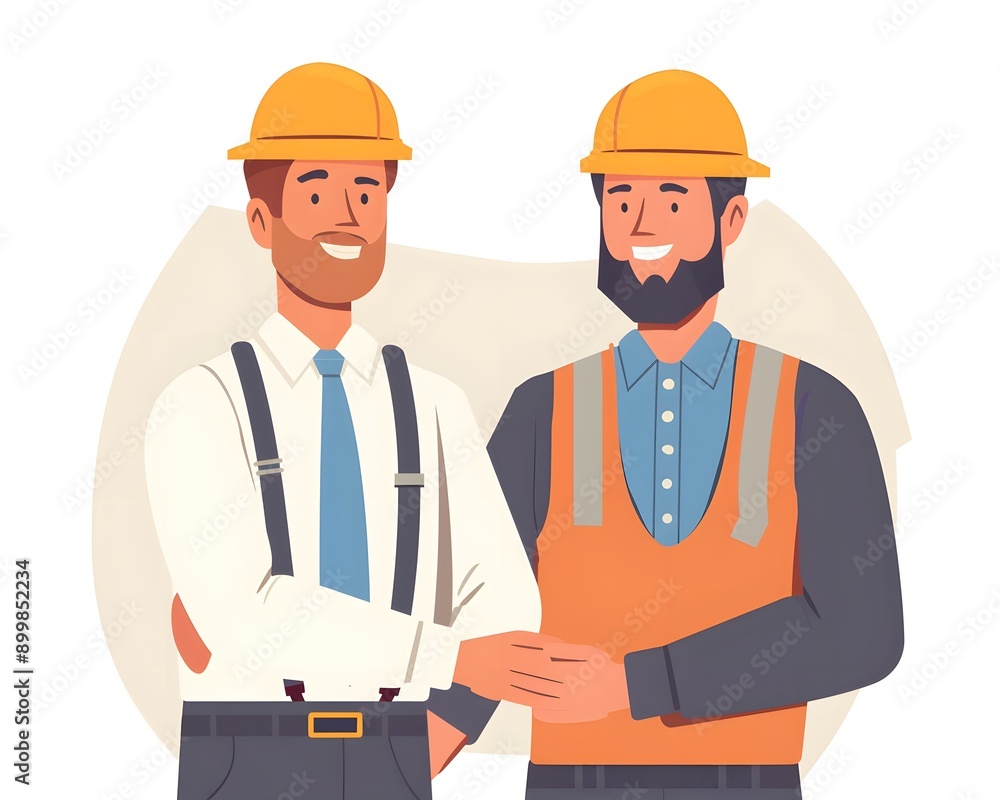 Two construction workers in hard hats smiling and shaking hands. Two construction workers in hard hats smiling and shaking hands.
