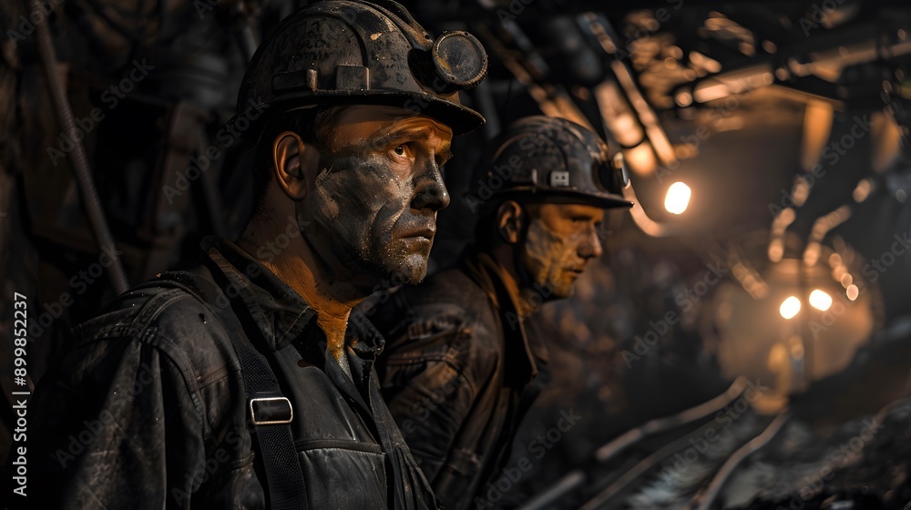 Two coal miners stand in a dark mine shaft, lit by flickering lights. The men are covered in dust and grime, their faces etched with exhaustion and determination. Two coal miners stand in a dark mine shaft, lit by flickering lights. The men are covered in dust and grime, their faces etched with exhaustion and determination.