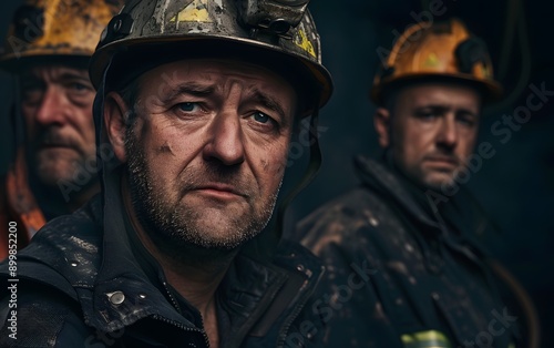 Three coal miners in hard hats, one looking directly at the camera. The image captures the grit and determination of hard work.