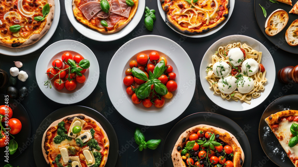 Delicious Italian dishes on plates: pizza, pasta, ravioli, carpaccio, Caprese salad, and tomato bruschetta, top view on black background. Delicious Italian dishes on plates: pizza, pasta, ravioli, carpaccio, Caprese salad, and tomato bruschetta, top view on black background.