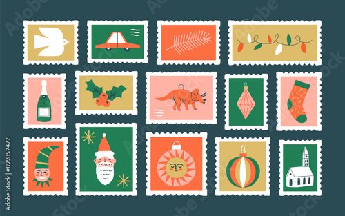 Set of vintage christmas post card stamp illustration. Retro style winter holiday postage sticker collection, xmas celebration mail postmark, festive postal label.