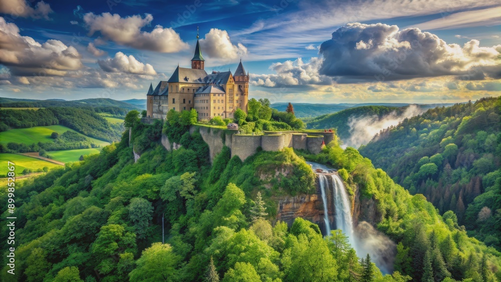 Aerial View of a Majestic Castle Perched on a Cliffside with a Cascading Waterfall, Germany, castle, waterfall, landscape, nature Aerial View of a Majestic Castle Perched on a Cliffside with a Cascading Waterfall, Germany, castle, waterfall, landscape, nature