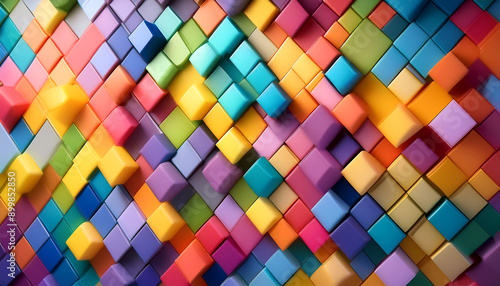 Colorful Three-Dimensional Cubes Arranged in an Abstract Pattern at an Indoor Space