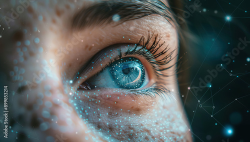 Close-Up of Eye Connected to Digital Lines Symbolizing Vision and Data Connection in Business Technology, Featuring Human Element and Futuristic Design