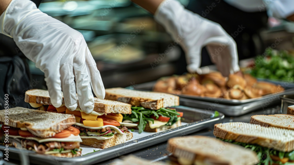 Caterer's gloved hands artfully placing sandwiches on a tray, highlighting attention to detail and professional service. Caterer's gloved hands artfully placing sandwiches on a tray, highlighting attention to detail and professional service.