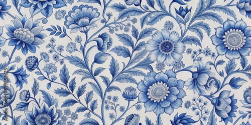 Blue and White Floral Pattern, Detailed Illustration of Flowers and Foliage, Vintage Textile Design, Blue, White, Floral, Pattern