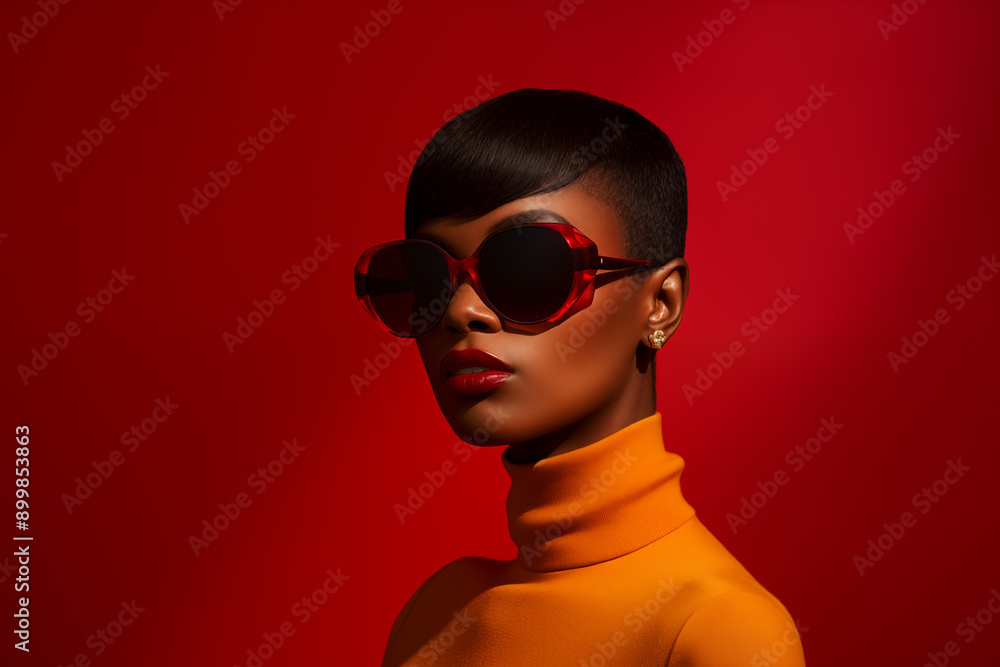 A female model with short hair in front of red background A female model with short hair in front of red background