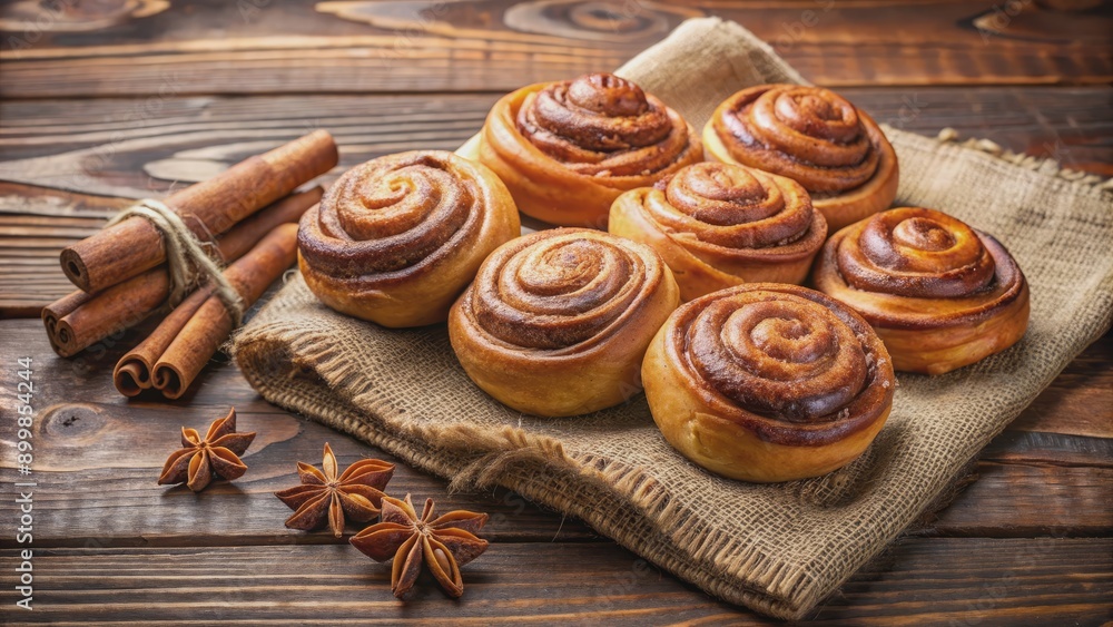 Cinnamon Rolls on Burlap with Star Anise and Cinnamon Sticks, Rustic Bakery, Sweet Treat, Homemade, Breakfast , cinnamon roll, bakery Cinnamon Rolls on Burlap with Star Anise and Cinnamon Sticks, Rustic Bakery, Sweet Treat, Homemade, Breakfast , cinnamon roll, bakery