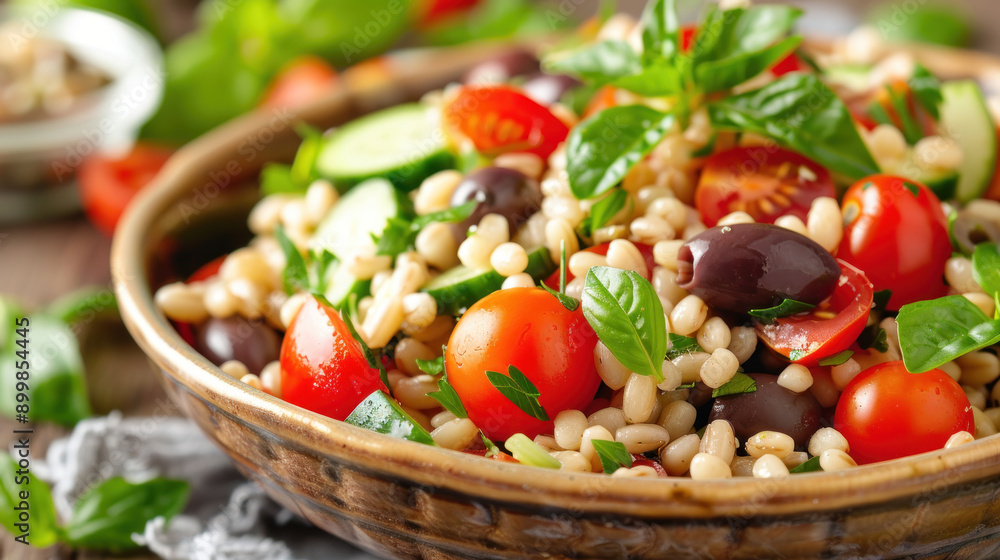 Close-up of a vegetarian pearl barley salad with fresh vegetables: tomatoes, cucumbers, olives, parsley, and basil in a plate. Close-up of a vegetarian pearl barley salad with fresh vegetables: tomatoes, cucumbers, olives, parsley, and basil in a plate.