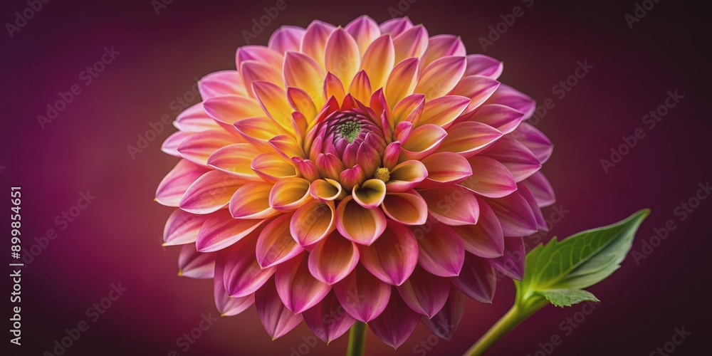 Close-up of a Pink and Yellow Dahlia on a Burgundy Background, Macro Photography, Flower Photography, Dahlia Bloom , Floral Close-up of a Pink and Yellow Dahlia on a Burgundy Background, Macro Photography, Flower Photography, Dahlia Bloom , Floral