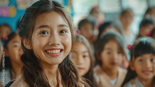 A young woman smiles brightly as she stands in front of a group of children.  She is surrounded by a blur of happy faces.  She appears to be a teacher or volunteer.
