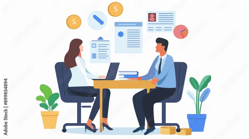 Fototapeta premium Financial bank consultant helping, consulting client on finance analysis, tax law. Adviser and person during consultation. Flat graphic vector illustration isolated on white background AI generated